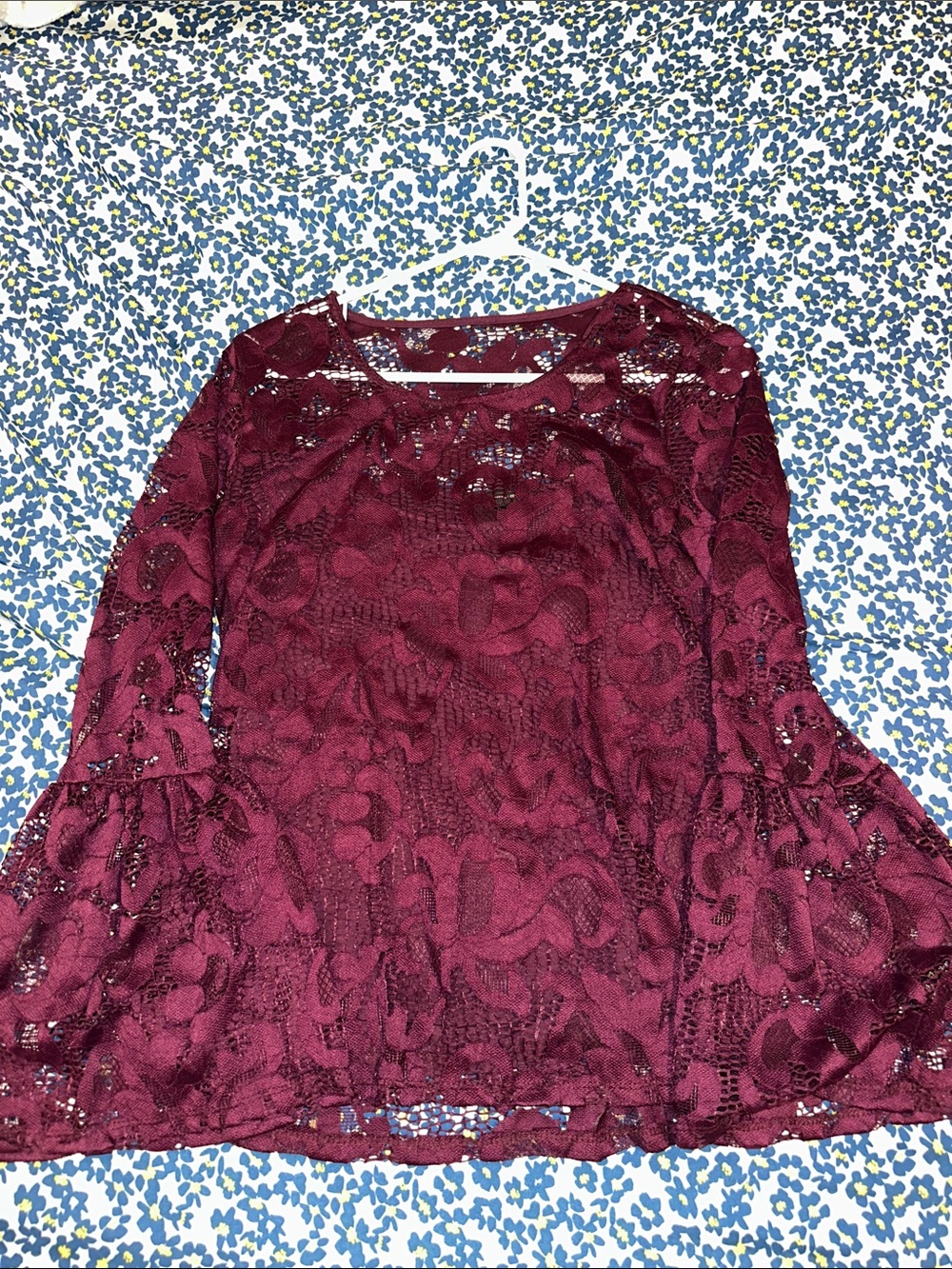 INC International Concepts Burgundy Lace Bell-Sleeve Blouse